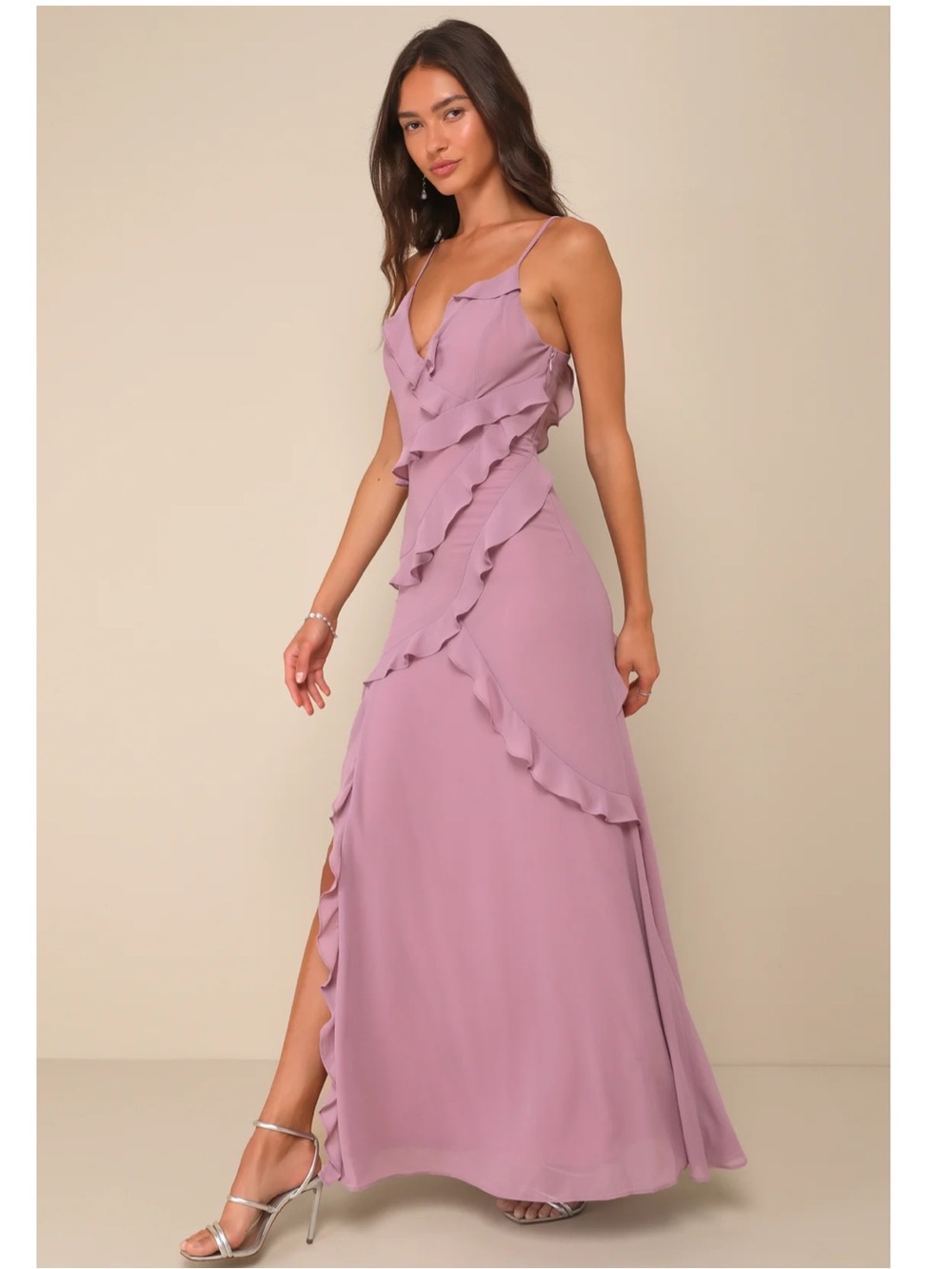 Lulus Fancy Sweetness Lavender Ruffled Lace-Up Sleeveless Chiffon Maxi Dress